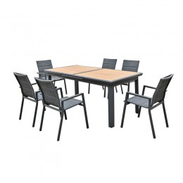 NAPOLI Set Dining ALU Κήπου: 6 Πολυθρόνες + Τραπέζι Επεκτ/νο Μαύρο-Καρυδί-Textilene Ανθρακί Ε6729,1S