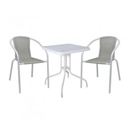 BALENO-W Set Κήπου - Βεράντας: Τραπέζι + 2 Πολυθρόνες Μέταλλο Άσπρο, Wicker Beige