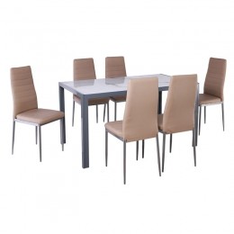 JETTA-DEGO Set Τραπεζαρία: Τραπέζι + 6 Καρέκλες, Μέταλλο Γκρι - Γυαλί Marble - PVC Μπεζ