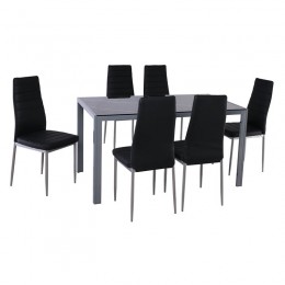 JETTA-DEGO Set Τραπεζαρία: Τραπέζι + 6 Καρέκλες, Μέταλλο Γκρι - Γυαλί Μαύρο - PVC Μαύρο
