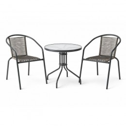 MIKA Set Κήπου - Βεράντας: Τραπέζι + 2 Πολυθρόνες Μέταλλο Βαφή Ανθρακί, PE Rattan Γκρι