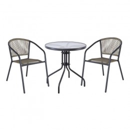 PATTY Set Κήπου - Βεράντας: Τραπέζι + 2 Πολυθρόνες Μέταλλο Βαφή Ανθρακί, PE Rattan Γκρι