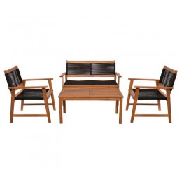 SPRING Set Σαλόνι Κήπου Ακακία Φυσικό, Wicker Μαύρο: Τραπέζι + Καναπέ 2Θέσιο + 2 Πολυθρόνες