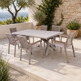 SIERRA Set Τραπεζαρία: Τραπέζι +6 Πολυθρόνες, Αλουμίνιο Μπεζ, Επιφάνεια PSP White Oak