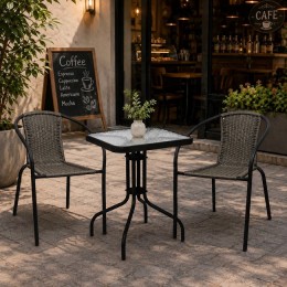 BALENO-W Set Κήπου - Βεράντας: Τραπέζι + 2 Πολυθρόνες Μέταλλο Βαφή Μαύρο, Wicker Mixed Grey