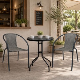 BALENO-W2 Set Κήπου-Βεράντας: Τραπέζι + 2 Πολυθρόνες Μέταλλο Βαφή Μαύρο, Wicker Mixed Grey