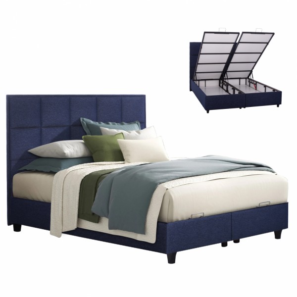 ALBA bed, blue fabric, for mattress 160x200, quilted headboard, with 2 underlays instead of bed boards, storage space