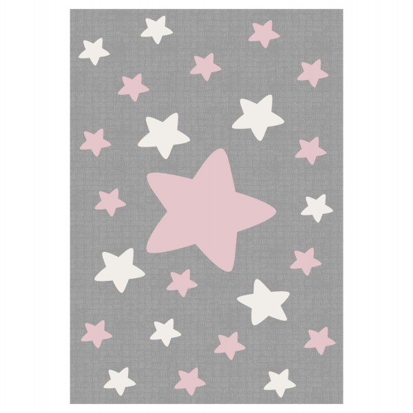 HM7678.03 80Χ150cm, kids grey-white-pink rug with stars, fringes