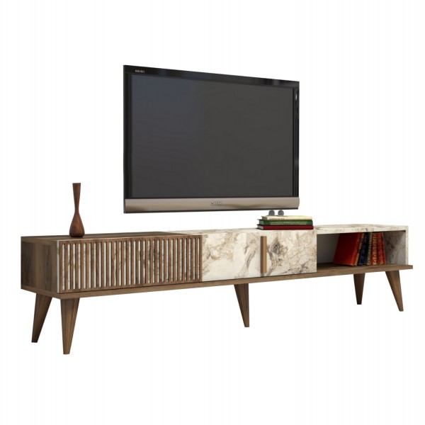 TV STAND HM9512.03 MELAMINE WALNUT AND WHITE MARBLE-LOOK 180x35x40Hcm.