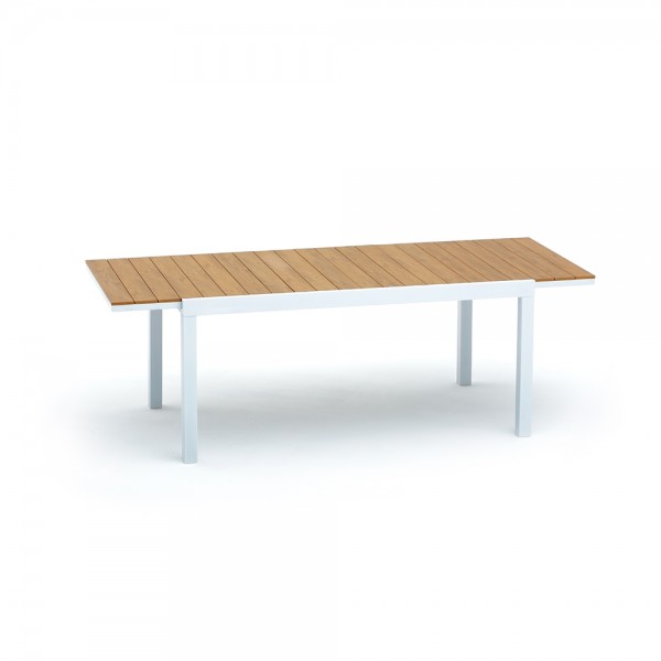 BEVERLY EXPANDABLE TABLE 164/225x90x75CM ALUMINIUM WHITE/TOP SYNTHETIC POLYWOOD TEAK LOOK