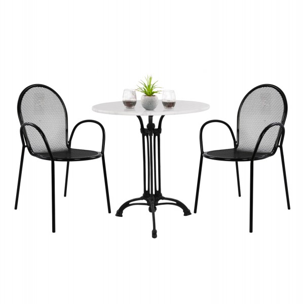 OUTDOOR DINING SET HM11881 3PCS ROUND TABLE WITH WHITE MARBLE-BLACK METAL ARMCHAIRS