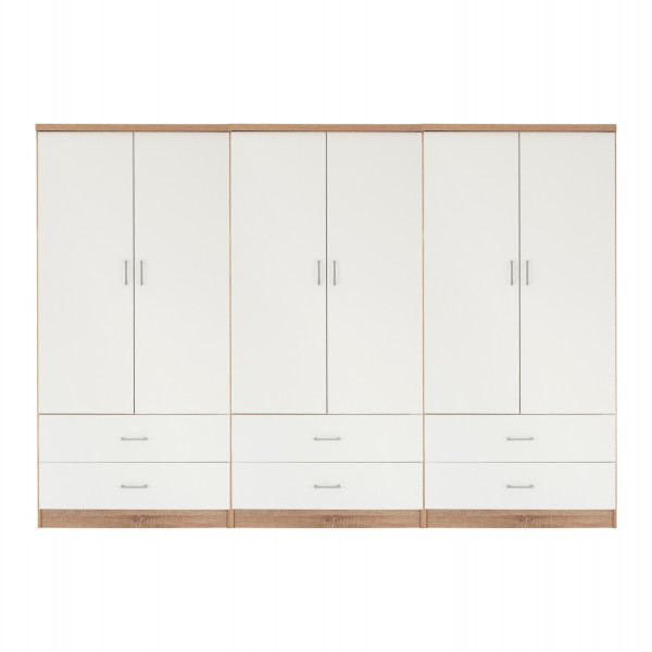 WARDROBE REINA 6-LEAF WITH 6 DRAWERS HM21060.06 MELAMINE IN WHITE-SONAMA COLOR 240x42x181Hcm.