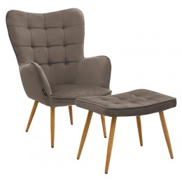 Maddison armchair with footrest-cushion pakoworld velvet brown-natural 68x72x98cm