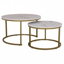 COFFEE TABLE 2PCS SET MDF WHITE MARBLE GOLD METAL LEGS Φ80x48Hcm.HM8763.11