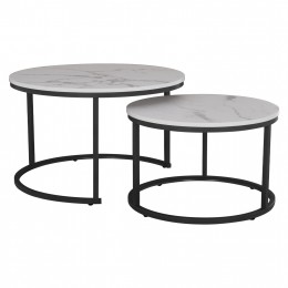 COFFEE TABLES SET 2PCS MDF WHITE MARBLE LOOK BLACK LEGS Φ80x48Hcm.HM8763.12