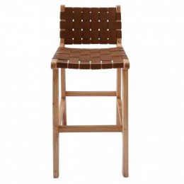 STOOL WITH BACKREST FB99380.01, TALL, SOLID TEAK, COW LEATHER, NATURAL, 40X47X89