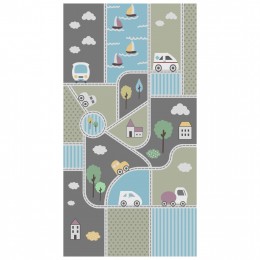 HM7678.16 80Χ150cm, kids rug with various objects in grey-blue-green, fringes