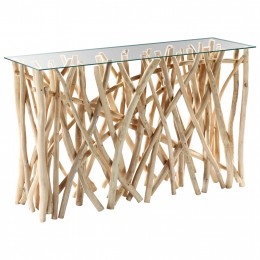 CONSOLE IN RUSTIC STYLE SOLID TEAK BRANCHES NATURAL COLOR & GLASS 120X35X75Hcm.HM9373