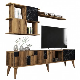 TV FURNITURE COMBO MELAMINE WALNUT AND BLACK MARBLE LOOK 180x33.8x48.6Hcm.HM9437.02