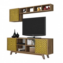 TV FURNITURE SET HM9516.04 MELAMINE IN WALNUT AND YELLOW 160x35x56.2Hcm.
