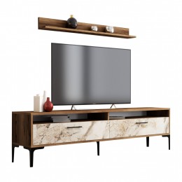 TV FURNITURE SET HM9517.04 MELAMINE IN WALNUT AND WHITE MARBLE LOOK DOORS 180x35x47Hcm.