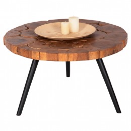 COFFEE TABLE RIBBEN HM9553 SOLID SUAR WOOD IN NATURAL-BLACK METAL LEGS Φ80x45Hcm.