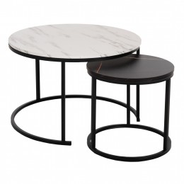 COFFEE TABLE HM8763.14 2PCS SET MDF IN MARBLE LOOK MIX COLOR WITH BLACK LEGS Φ80-Φ48cm