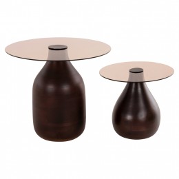 SIDE TABLES 2PCS CHANG HM9668 MANGO WOOD IN BROWN-GLASS TOP Φ55x49,5H & Φ40x36,5H cm.