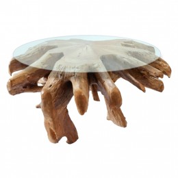 LIVING ROOM TABLE ROUND TEAK ROOT TEMPERED GLASS 80X80X45Hcm.HM9392