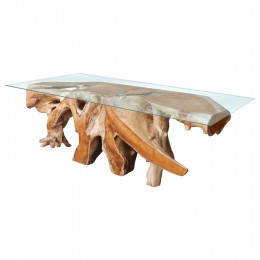 LIVING ROOM TABLE PROFESSIONAL TEAK ROOT TEMPERED GLASS 130X35X40Hcm.HM9396
