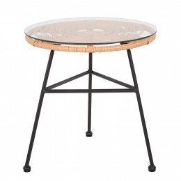 SIDE TABLE ROUND BLACK METAL ALLEGRA HM5459.11 BEIGE WICKER-GLASS Φ45x46Hcm.