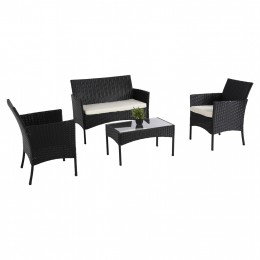 OUTDOOR LOUNGE SET 4PCS STASIA HM6089.04 SYNTHETIC RATTAN IN BLACK-CUSHIONS IN BEIGE