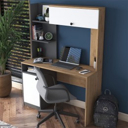 Work desk-bookcase Pero pakoworld melamine dark grey-white-natural 117x46x160cm