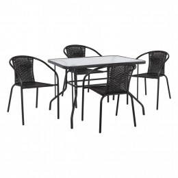 OUTDOOR DINING SET HM11761 5PCS GREY TABLE 110X60 & BLACK METALLIC WITH RATTAN ARMCHAIRS