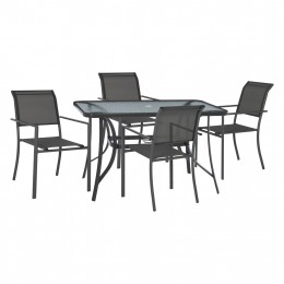 OUTDOOR DINING SET HM11822 5PCS METAL TABLE WITH UMBRELLA HOLE & ALUMINUM ARMCHAIRS TEXTLINE GREY