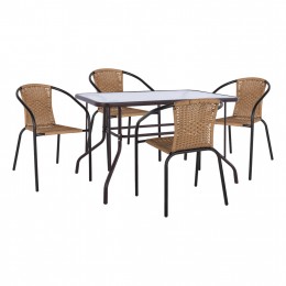 OUTDOOR DINING SET HM11844 5PCS BROWN METAL TABLE & METAL ARMCHAIRS RATTAN IN NATURAL