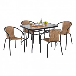 OUTDOOR DINING SET HM11868 5PCS BLACK METAL AND NATURAL COLORED RATTAN