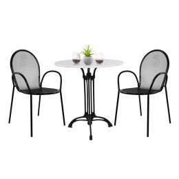 OUTDOOR DINING SET HM11881 3PCS ROUND TABLE WITH WHITE MARBLE-BLACK METAL ARMCHAIRS