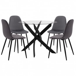 DINING SET 5PCS HM11095.01 TABLE WITH TEMPERED GLASS Φ90X74Hcm & 4 CHAIRS WITH GREY VELVET