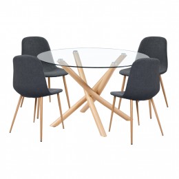 DINING SET 5PCS HM11914 ROUND TABLE GLASS TABLETOP&METAL LEGS-CHAIRS WITH GREY FABRIC