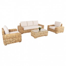 OUTDOOR LOUNGE SET 4PCS TROPEL HM11939 NATURAL RATTAN-3-SEATER SOFA-2 ARMCHAIRS-COFFEE TABLE