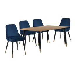 Set Dining Table HM11180 5pieces with natural desktop & chairs in blue velvet