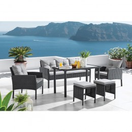 SANTO Set Steel(Table+Sofa 3S+2 Armchairs+2 Stool)Wicker Dark Grey/Cushions Grey