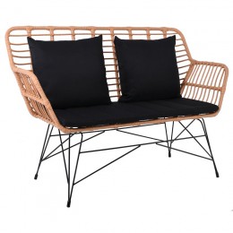 SALSA Living 2-seat Sofa Metal Black/Wicker Natural, Cushions Black
