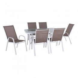 RIO Set(Table 140x80cm+6 Armchairs) Metal White/Text.Cappuccino