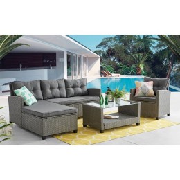 PATIO Set Steel (Corner Sofa+Table+Armchair) Wicker Grey/Cushions Dark Grey